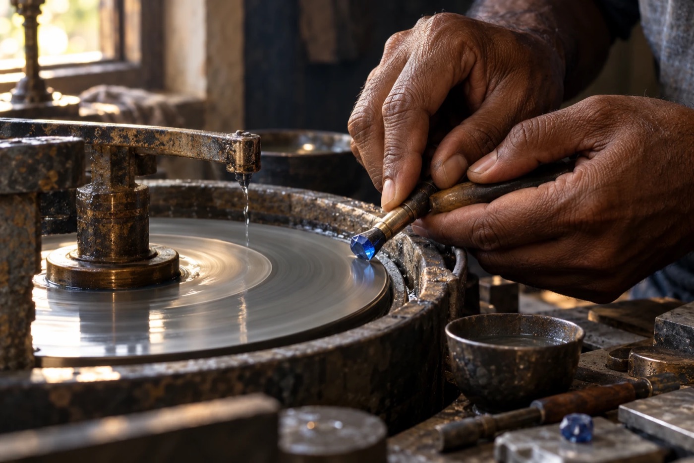 A Sri Lankan gem cutter polishing a blue sapphire by hand on a lapidary wheel