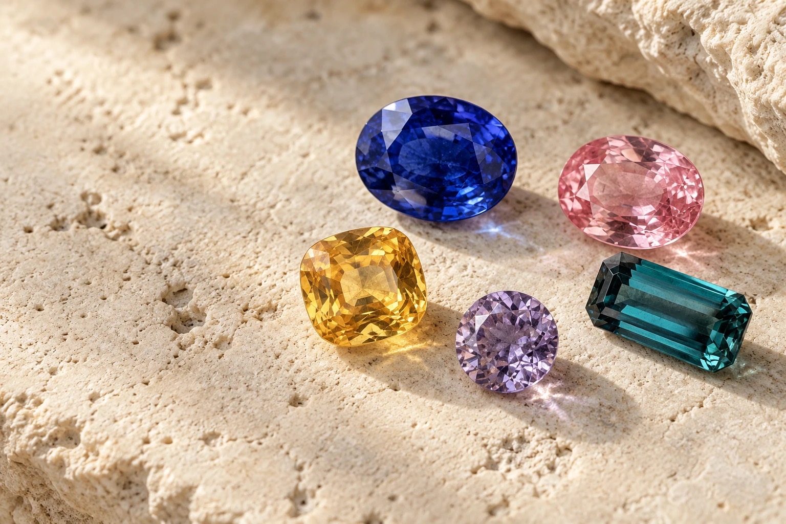Ceylon sapphires, a spinel and a tourmaline resting on warm stone