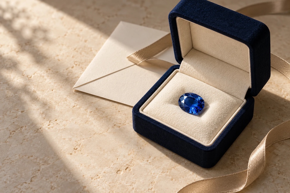 An oval blue sapphire in a navy velvet box beside a ribbon and card